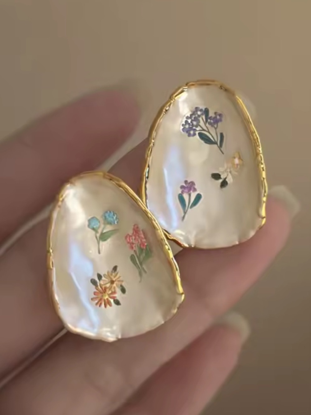 Hand-Painted Floral Mother-of-Pearl Gold Edge Earrings - Picture 8 of 10